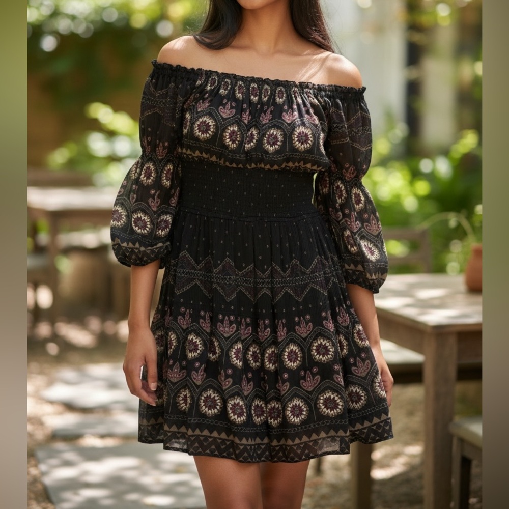 Zara Basic Boho Floral Smocked Dress - Size L - Picture 4 of 15